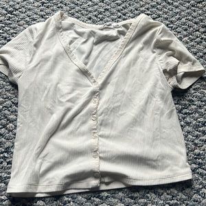 Pink Rose Cream Button Up V-Neck T Shirt